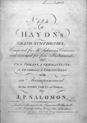 Sammelband] 1) No. [1-12] of Haydn`s grand symphonies. Composed for Mr. Salomon`s Concerts, and arranged for five instruments vizt. two violins, a german […]