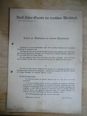 Adolf Hitler Spende der deutschen Wirtschaft -Aufruf zur Beteiligung 1941