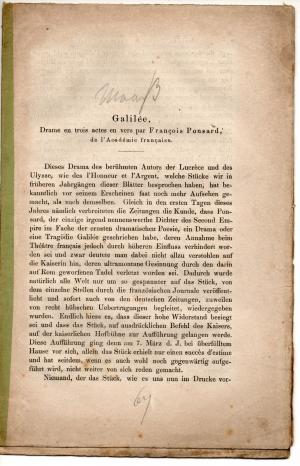 Galilée : Drama en trois actes en vers par Francois Ponsard de l'Academie francaise. Sonderdruck aus: Archiv für das Studium der neueren Sprachen und Literaturen 40, 21-44.