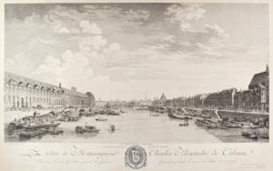 gebrauchtes Buch – "Vue Intérieure de Paris prise du milieu du Pont-royal regardant le Pont-neuf". Blick von der Mitte der Pont Royal die Seine mit vielen Schiffen und Booten entlang, links der Louvre, im Hintergrund Notre Dame.