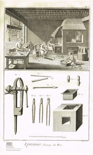 Eperonnier. Sporenmacher. Blick in eine Werkstatt mit Arbeitern bei der Herstellung von Steigbügeln und Sporen, darunter Abbildungen verschiedener Werkzeuge […]