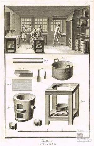 Cirier. Siegellackhersteller. Blick in eine Werkstatt mit Arbeitern bei der Herstellung von Siegellack, darunter Abbildungen verschiedener Werkzeuge, […]