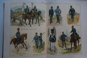 antiquarisches Buch – Teutsch-Lerchenfeld, B. Deutschlands Wehr zu Lande und zur See – Teutsch-Lerchenfeld, B. (Hrsg.). Deutschlands Wehr zu Lande und zur See. Populäres Handbuch für alle militärische Angelegenheiten, ... 2. Aufl. Leipzig, Wiest, 1906. * Mit Front.-Portr., 46 farb. Tafeln, 32 Tafeln, 368 Abb. im Text und 16 nn. S. Tabellen (Die deutschen Kriegsschiffe). * 3 Bl., 833, XLII S. Farbig illustrierter original Leineneinband.