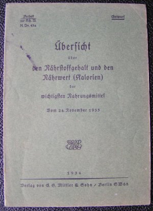 Übersicht über den Nährstoffgehalt und den Nährwert (Kalorien) der wichtigsten Nahrungsmittel, vom 24. November 1933