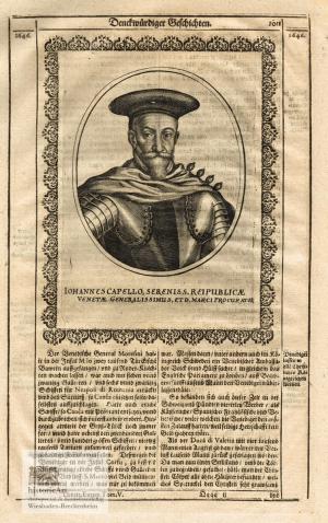 Iohannes Capello. Brustbild en face in voller Rüstung mit Dogenhut. Kupferstich von Matthäus Merian um 1650