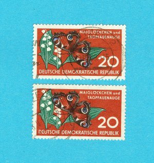 antiquarisches Buch – 2 Briefmarken DDR 1959, Mi. 690, Naturschutz, Maiglöckchen, Tagpfauenauge, 20 Pf