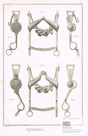 Eperonnier. Sporenmacher. Teile von kunstvoll gearbeiteten Kandarren, Kandarrenbäumen und Trensengebissen mit Kinnketten. Original-Kupferstich von Defehrt […]