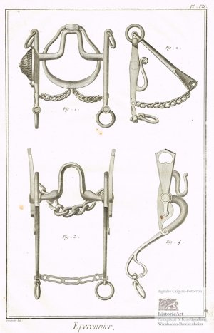 Eperonnier. Sporenmacher. Teile von kunstvoll gearbeiteten Kandarren, Kandarrenbäumen und Trensengebissen mit Kinnketten. Original-Kupferstich von Defehrt […]