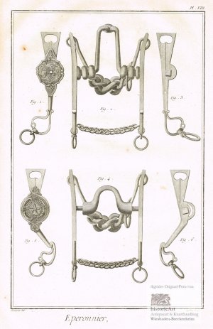 Eperonnier. Sporenmacher. Teile von kunstvoll gearbeiteten Kandarren, Kandarrenbäumen und Trensengebissen mit Kinnketten. Original-Kupferstich von Defehrt […]