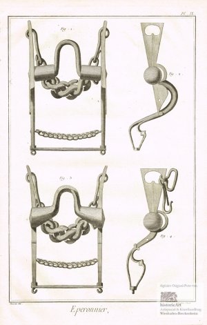 Eperonnier. Sporenmacher. Teile von kunstvoll gearbeiteten Kandarren, Kandarrenbäumen und Trensengebissen mit Kinnketten. Original-Kupferstich von Defehrt […]