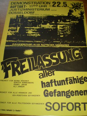 Freilassung aller haftunfähigen Gefangenen sofort! Freiheit für Bernd Rössner, Günter Sonnenberg, Isabel Jakob, Ali Jansen (Plakat, Poster, 1987, RAF, […]