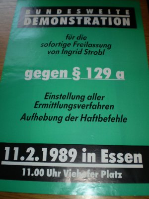 Bundesweite Demonstration für die sofortige Freilassung von Ingrid Strobl - gegen § 129a (Plakat, Poster, 1989, Essen, RAF, Autonome, KPD)