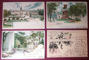 KARLSRUHE: 4 Original-Lithographien als Künstler-Postkarten um 1900 vom Verlag J-S Velten