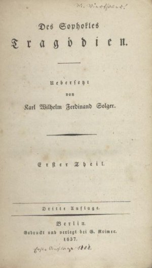 Tragödien. Übersetzt von Karl Wilhelm Ferdinand Solger. 3. Auflage. 2 Teile in 1 Band.