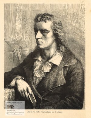 Friedrich von Schiller. Halbfigur sitzend mit einem seiner Werke in der Hand nach viertellinks. Xylographie nach einer Radierung von Hartmann um 1895