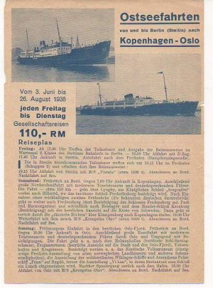 R213 Ostseefahrten von und bis Berlin (Stettin) nach Kopenhagen - Oslo. 1 Seite-Blatt. 21 x 14,5 cm.