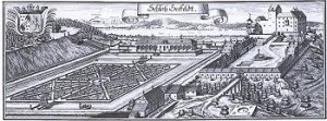 Seefeld. "Schloß Seefeldt". Originalkupferstich. Im Hintergrund: Fernblick über den Pilsensee zum Ammersee, Closter Diessen und zum Hohen Peißenberg. […]