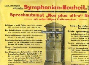 Werbeplakat der Firma Symphonion Aktiengesellschaft für die Neuheit Sprechautomat "Non plus Ultra" No. 10 E mit selbsttätigem Plattenwechsel.