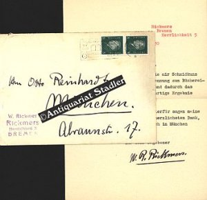 Maschinengeschriebener Brief mit eigenhändiger Unterschrift und eigenhändiger Adressierung von Rickmer Rickmers auf dem Umschlag, adressiert an Otto Reinhardt […]