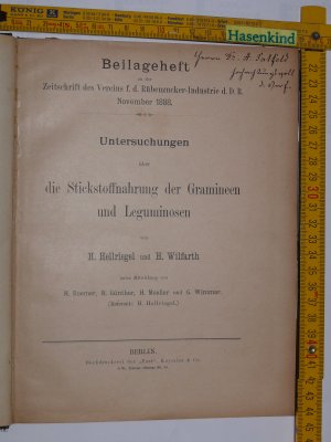 antiquarisches Buch – H. Hellriegel und H – Untersuchungen über die Stickstoffnahrung der Gramineen und Leguminosen, Beilagenheft Zeitschrift des Vereins f. d. Rübenzucker-Industrie d. D. R.