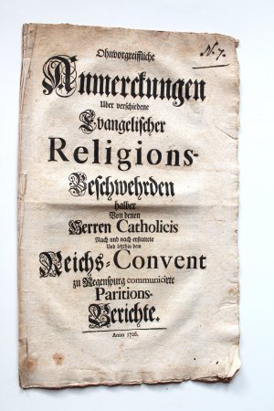 Dokumente zu Religionsbeschwerden bei den Religionscopora des Reichstages zu Regensburg Paritionsberichte 1726