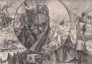 Eisbrecherdienst im Sund und großen Belt. 4 Abbildungen auf einem Blatt., Zeigt: 1. Passagiere gehen an Bord des Eisbrechers. 2. Die langersehnte Ankunft. 3. An Bord während der Fahrt. 4. Vom Eis blockierter Dampfer erhält Hilfe.