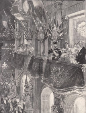 antiquarisches Buch – Nikolaus II., Kaiser v – Das Zarenpaar in Paris: Das Herrscherpaar auf dem Balkon des Opernhauses am Abend des 6. Oktober 1896.