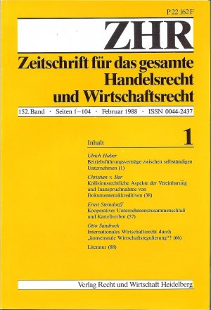 gebrauchtes Buch – ZHR Zeitschrift für das gesamte Handelsrecht und Wirtschaftsrecht, Februar 1988