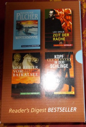 gebrauchtes Buch – Readers Digest Bestseller - 4 Bände im Schuber – Lee Child: Zeit der Rache/Rosamunde Pilcher: Wintersonne/Bernard Clavel: Der Reiter vom Baikalsee/Sue Grafton: Kopf in der Schlinge