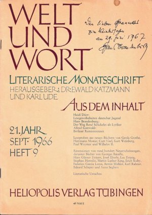 Schriftsteller (1885-1968): Eigenh. Widmung mit U. (voller Namenszug) u. Datum.