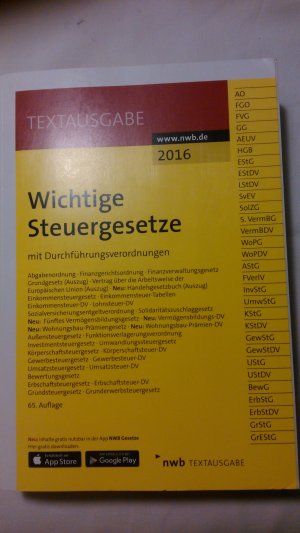 gebrauchtes Buch – Wichtige Steuergesetze - mit Durchführungsverordnungen Stand: 1. Januar 2016