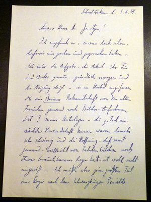 Autograph: Zweiseitiger Brief, handgeschrieben, mit Datum 3.6.54 und Unterschrift.