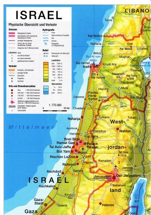 gebrauchtes Buch – Landkarte Israel Atlas Israel Karte Israel physische Übersicht Israel Verkehr Israel Hydrografie Israel Grenzen Israel Orte Israel Einwohnerzahlen Israel Landhöhen Libanon Staat Israel Bevölkerung Israel Bewässerungsanlagen Israel Klima Palästina Westjordanland Israelische Sperranlagen Gaza Jerusalem