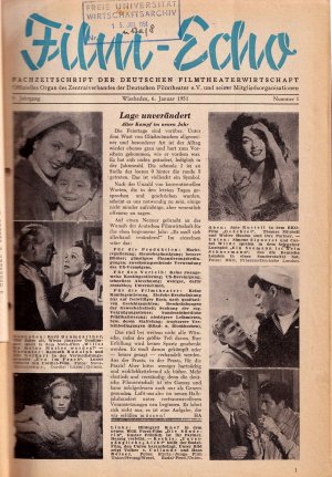 Film - Echo. Sammlung in einem Einband mit den Heften 5. Jahrgang Januar 1951 Nr. 1 bis 30. Juni 1951 Nr. 26 (wöchentliche Ausgabe)