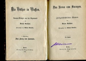 antiquarisches Buch – Persiani, Baron  – Das Kreuz von Savoyen. Zeitgeschichtlicher Roman. III. Band (Fortgesetzt von Abbate Rimesso.) (Die Völker in Waffen. Roman-Trilogie aus der Gegenwart. (Fortgesetzt von Abbate Rimesso.) I. Abtheilung).  1 Bd. (von 3).