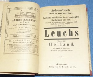 LEUCHS ADRESSBUCH aller Länder der Erde der Kaufleute, Fabrikanten, Gewerbetreibenden, Gutsbesitzer etc., zugleich Handelsgeographie, Produkten- und Fabrikaten […]