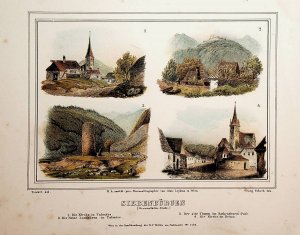 antiquarisches Buch – SIEBENBÜRGEN, 4 Ansichten auf einem Blatt 1) Kirche in Talmàes, 2) Die Ruine Landskron in Talmàes, 3) Der alte Rurm in Rothenthurm-Pass, 4) Die Kirche in Heltau