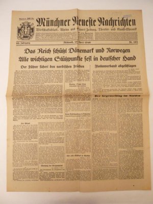 antiquarisches Buch – Knorr & Hirth Verlag – Münchner Neueste Nachrichten. Handels- und Industrie-Zeitung, Alpine und Sport-Zeitung, Theater- und Kunst-Chronik. Nr. 101  vom Mittwoch, 10. April 1940, 93. Jahrgang, mit Stempel "Sammlung E b e n b ö c k " (= Münchner Blutordensträger) * Dieses Buch wird von uns nur zur staatsbürgerlichen Aufklärung und zur Abwehr verfassungswidriger Bestrebungen angeboten (§86 StGB)