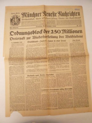 antiquarisches Buch – Knorr & Hirth Verlag – Münchner Neueste Nachrichten. Handels- und Industrie-Zeitung, Alpine und Sport-Zeitung, Theater- und Kunst-Chronik. Nr. 272  vom Samstag, 28. September 1940, 93. Jahrgang * mit Stempel "Sammlung E b e n b ö c k " (= Münchner Blutordensträger)