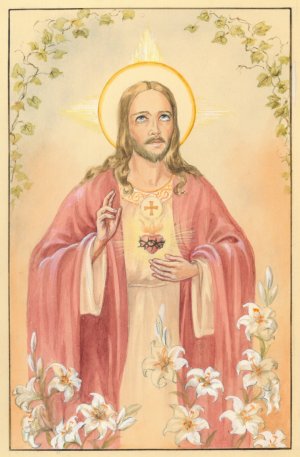 gebrauchtes Buch – "Gebet zum hl. Herzen Jesu". Hüftbild nach viertelrechts des Auferstandenen im rosafarbenen Gewand, vor der Brust sein flammendes, dornenbekröntes Herz im Strahlenkranz, vorne Lilien. gebrauchtes Buch – "Gebet zum hl. Herzen Jesu". Hüftbild nach viertelrechts des Auferstandenen im rosafarbenen Gewand, vor der Brust sein flammendes, dornenbekröntes Herz im Strahlenkranz, vorne Lilien.