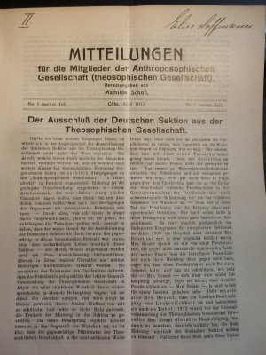 MITTEILUNGEN für die Mitglieder der Anthroposophischen (theosophischen Gesellschaft). No. I zweiter Teil, Cöln, April 1913: Der Ausschluß der Deutschen […]