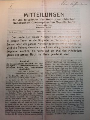 MITTEILUNGEN für die Mitglieder der Anthroposophischen (theosophischen Gesellschaft). No. I erster Teil, Cöln, März 1913