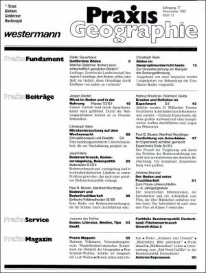 gebrauchtes Buch – pädagogisch-didaktische Fachzeitschrift – Praxis Geographie 11/1987: GEFÄHRDETE BÖDEN / mit "Umwelt-Atlas" + mit OH-Folie "Deutschland - Flächenverbrauch"