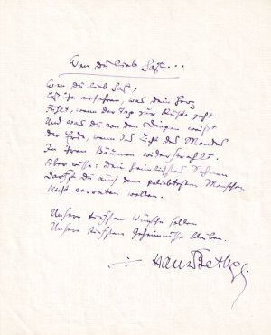 Dichter (1876-1946). Eigenh. Liebesgedicht "Wen du lieb hast…" (12 Zeilen) mit U. auf Albumblatt.