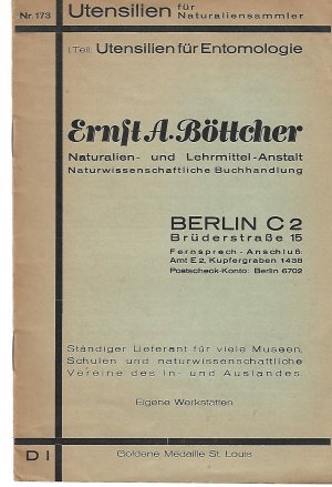 antiquarisches Buch – Firmenkataloge - Böttcher, Ernst A. – Utensilien für Naturaliensammler 1.Teil Utensilien für Entomologie