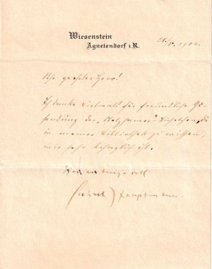 Dichter 1862-1946; Nobelpreis 1912): Brief mit eigenh Gruß u. U. (voller Namenszug) über Franz Stelzhamer.