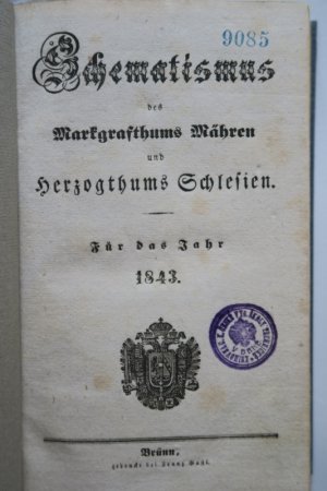 Schematismus des Markgrafthums Mähren und Herzogthums Schlesien. Für das Jahr 1842. Brünn, Gedruckt bei Franz Gastl, (1842). * Mit Holzschnitt-Titelvignette. * 4 Bl., 245 S., 52 Bl. (104 nn. S.). Pappeinband mit goldgeprägtem Rückentitel auf farbigem Rückenschild.