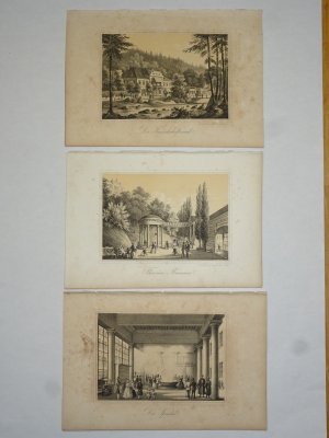 antiquarisches Buch – Lehmann & Opitz - Drei lithographierte Ansichten von Karlsbad – Theresienbrunnen - Der Sprudel - Der Freundschaftssaal