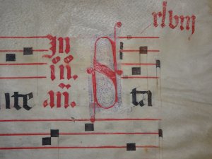 gebrauchtes Buch – Beidseitig beschriebene lateinische Noten-Handschrift auf Pergament – Antiphonarblatt, 14. Jahrhundert ( 14th century )