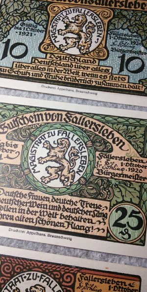 antiquarisches Buch – Stadt Fallersleben  – Ephemera/ Numismatik: 3 Notgeld-Serien-Scheine der Stadt Fallersleben (Wolfsburg, Niedersachsen) "Deutschland, Deutschland über alles..."